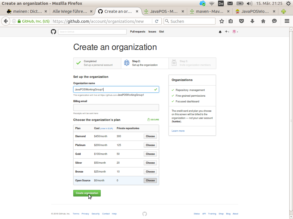 GitHub dialog for creating an organization