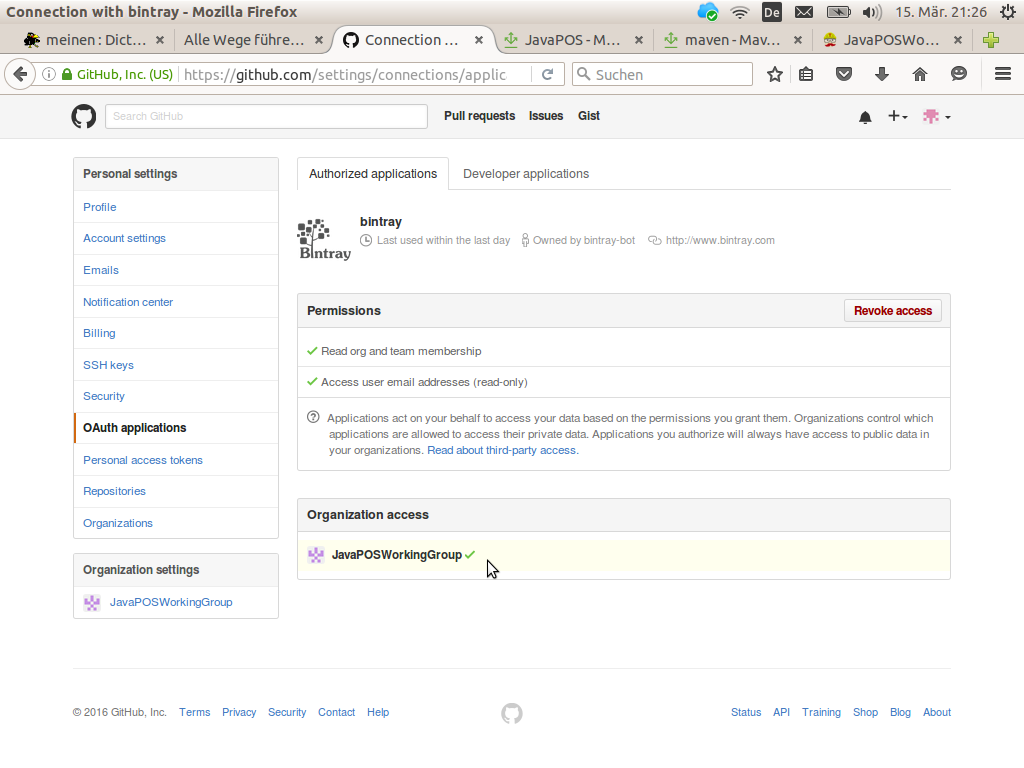 GitHUb dialog authorizing access for Bintray